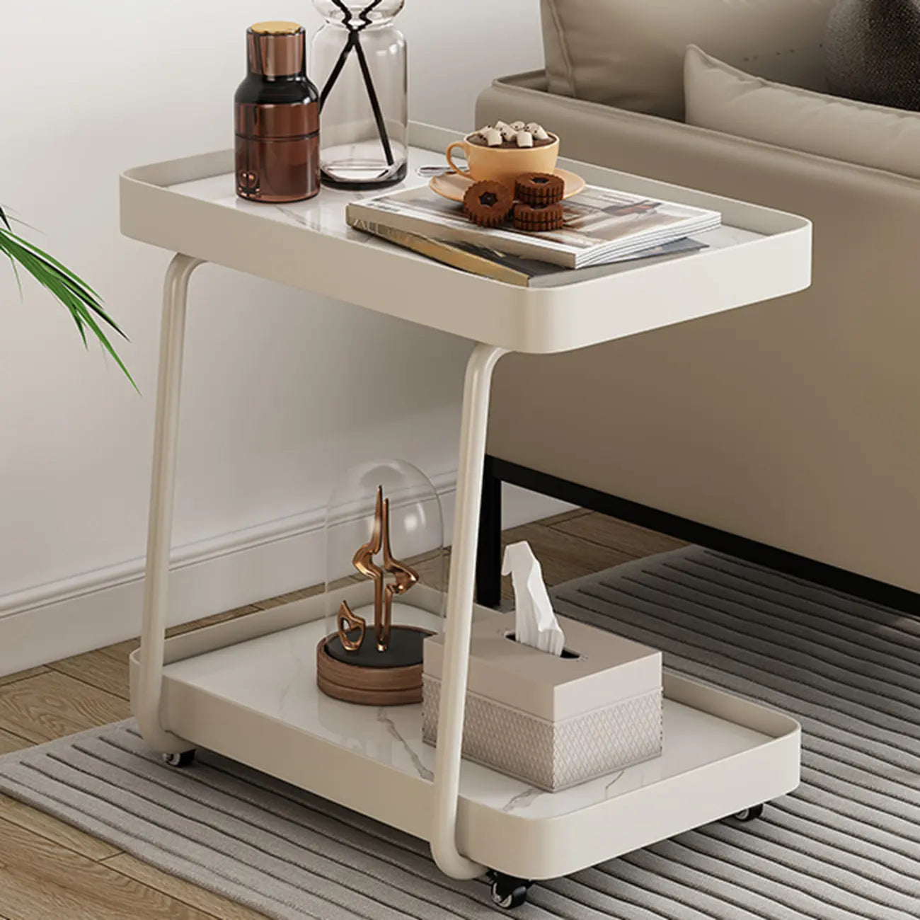 Table d'appoint pivotante rectangulaire moderne en pierre blanche en forme de C