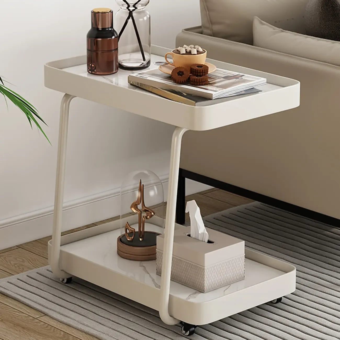Table d'appoint pivotante rectangulaire moderne en pierre blanche en forme de C