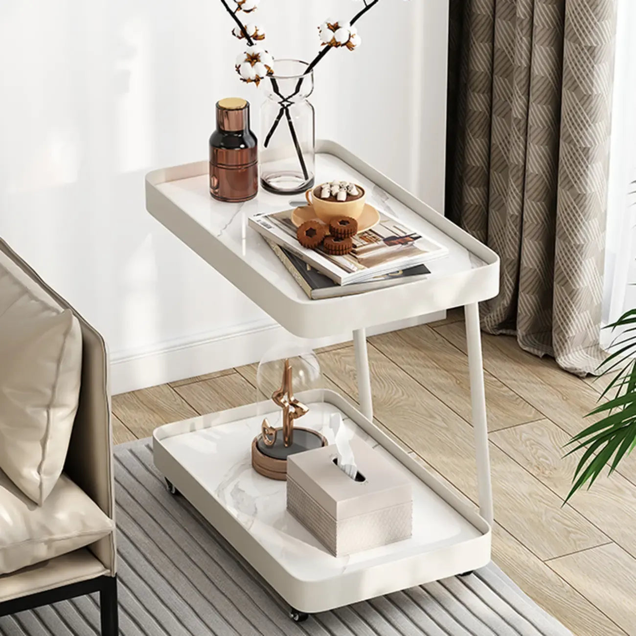 Table d'appoint pivotante rectangulaire moderne en pierre blanche en forme de C