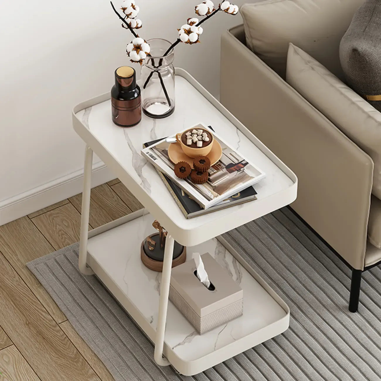 Table d'appoint pivotante rectangulaire moderne en pierre blanche en forme de C