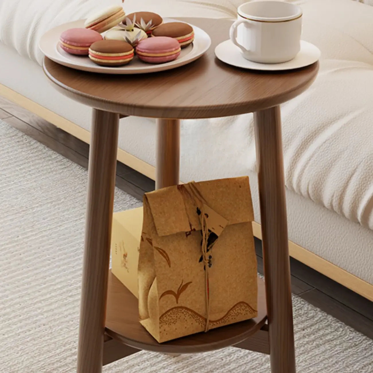 Table d'appoint compacte ronde en bois à 2 niveaux avec piètement trépied
