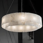 Lampadario a tamburo in alabastro con cerchi in metallo bianco a 2 livelli