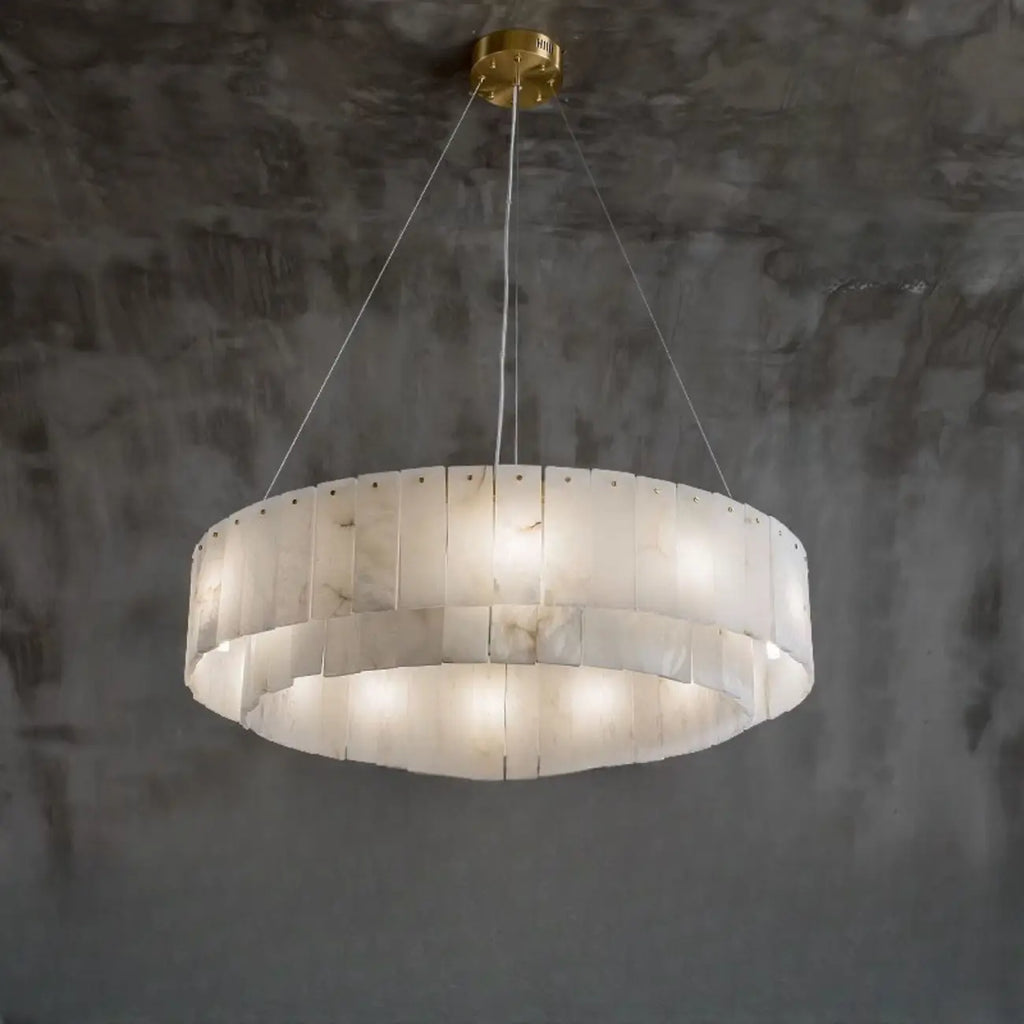 Lampadario a tamburo in alabastro con cerchi in metallo bianco a 2 livelli