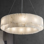 Lampadario a tamburo in alabastro con cerchi in metallo bianco a 2 livelli