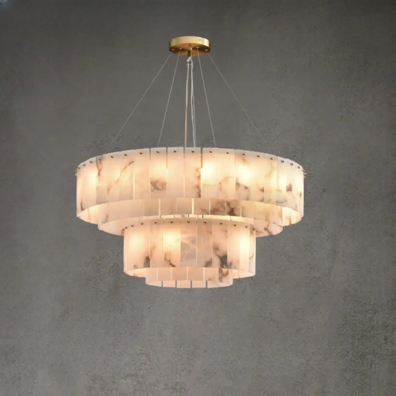 Lampadario a tamburo in alabastro con cerchi in metallo bianco a 2 livelli
