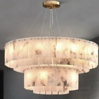 Lampadario a tamburo in alabastro con cerchi in metallo bianco a 2 livelli