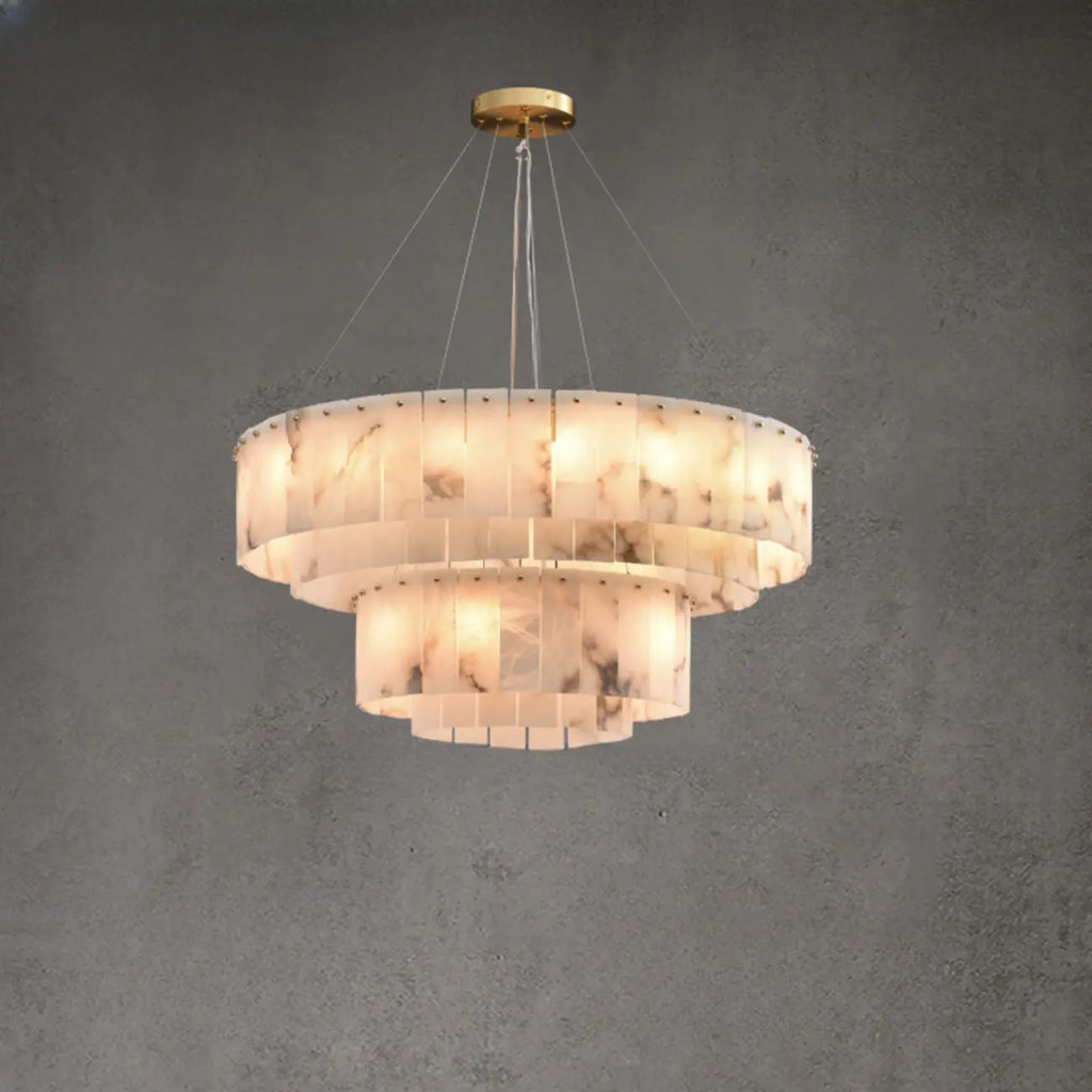 Lampadario a tamburo in alabastro con cerchi in metallo bianco a 2 livelli