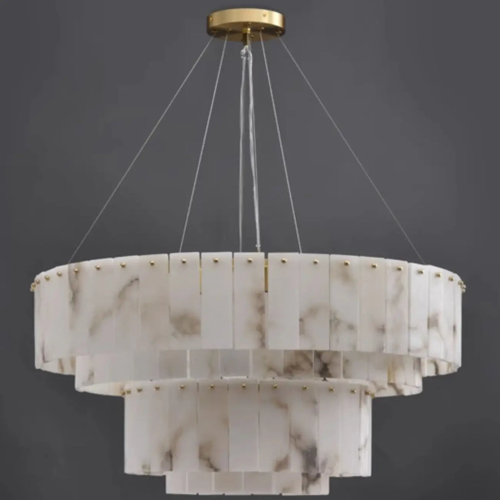 Lampadario a tamburo in alabastro con cerchi in metallo bianco a 2 livelli