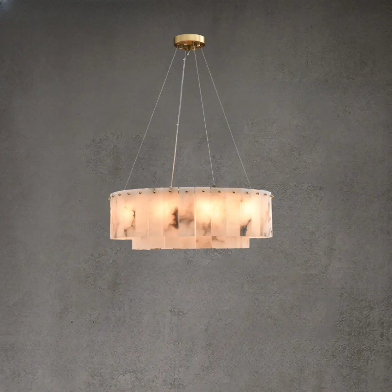 Lampadario a tamburo in alabastro con cerchi in metallo bianco a 2 livelli