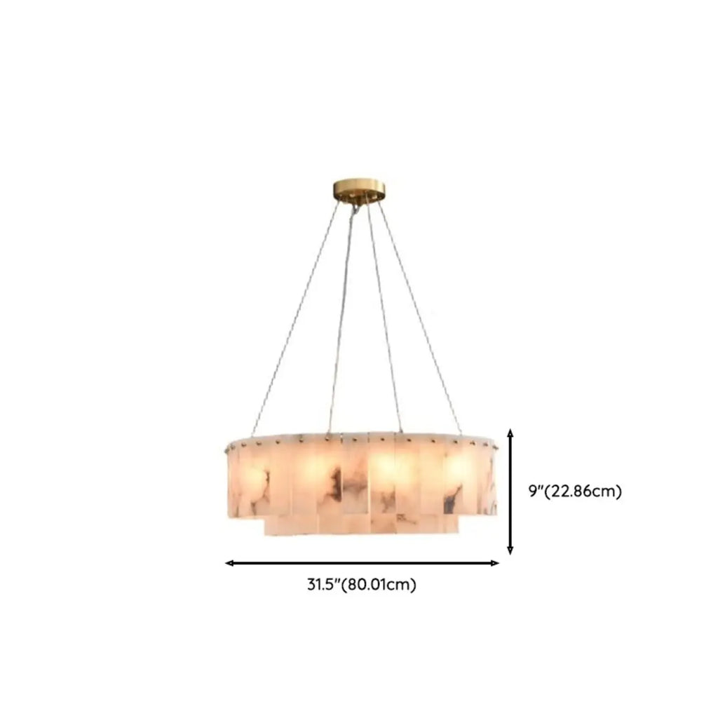 Lampadario a tamburo in alabastro con cerchi in metallo bianco a 2 livelli