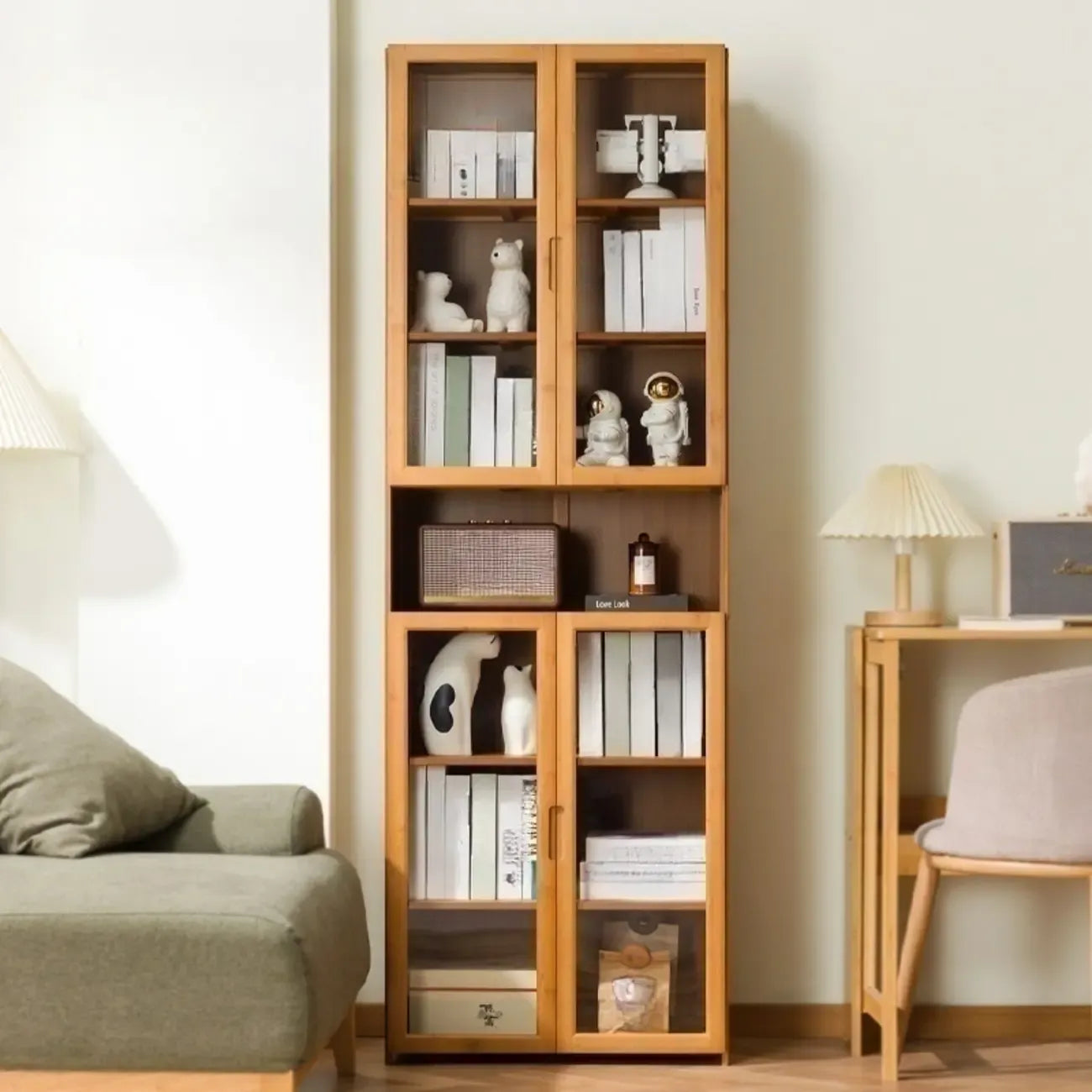 Vitrine vintage en bambou autoportante avec porte vitrée
