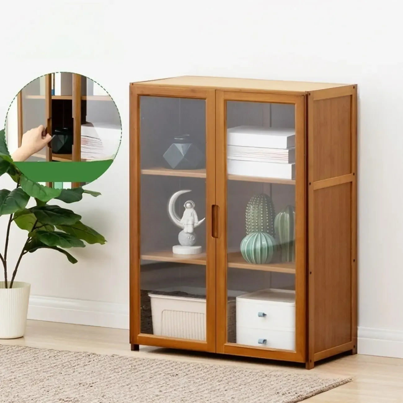 Vitrine vintage en bambou autoportante avec porte vitrée
