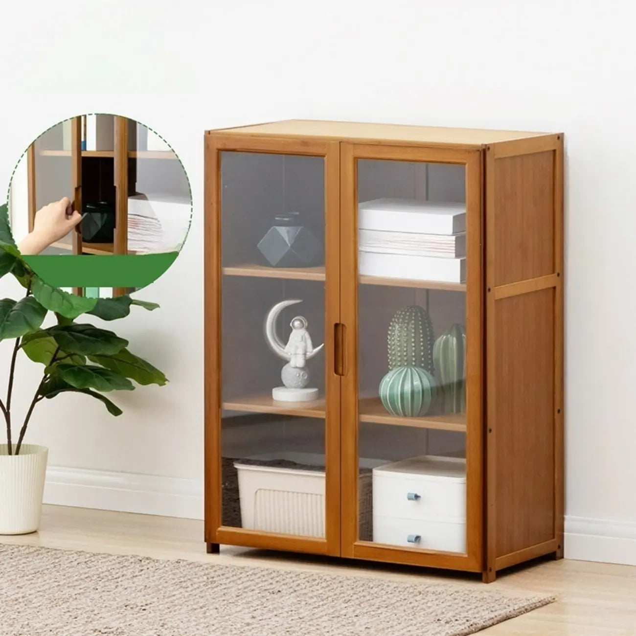 Vitrine vintage en bambou autoportante avec porte vitrée