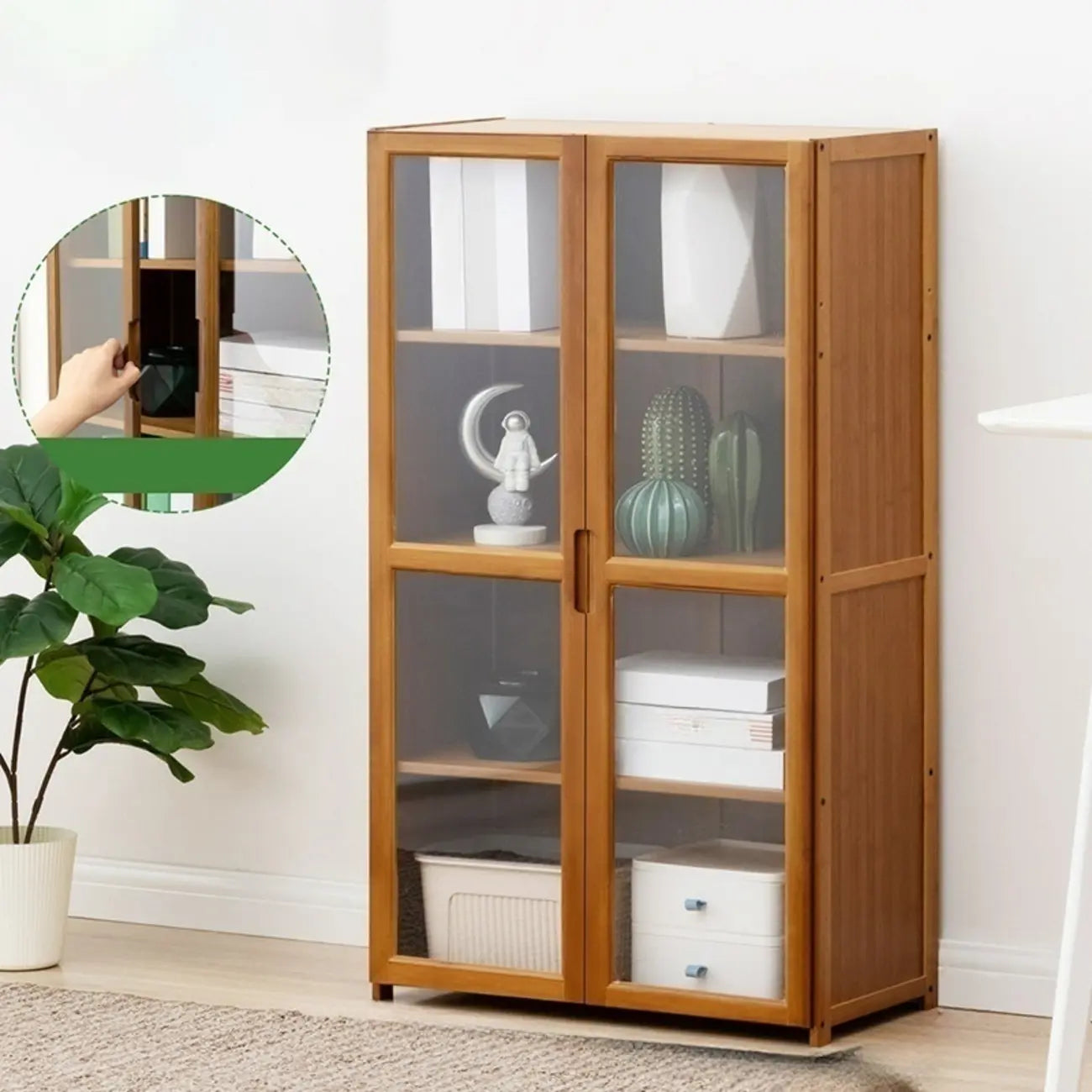 Vitrine vintage en bambou autoportante avec porte vitrée