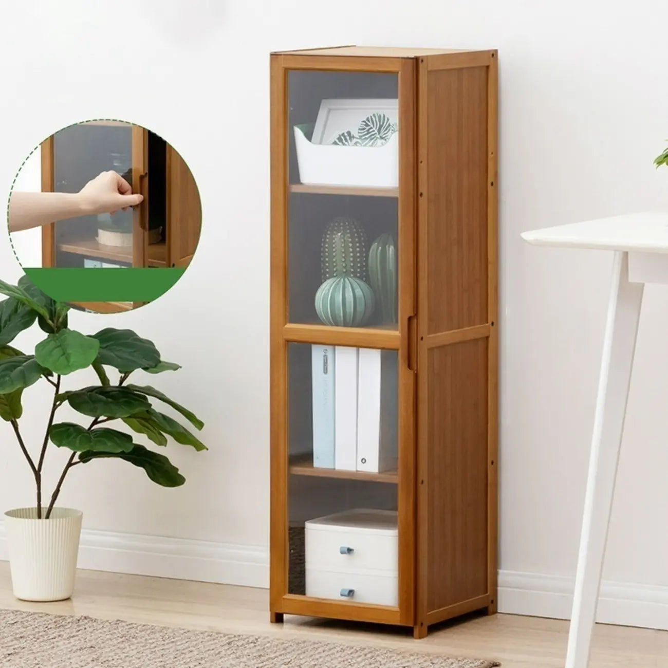 Vitrine vintage en bambou autoportante avec porte vitrée