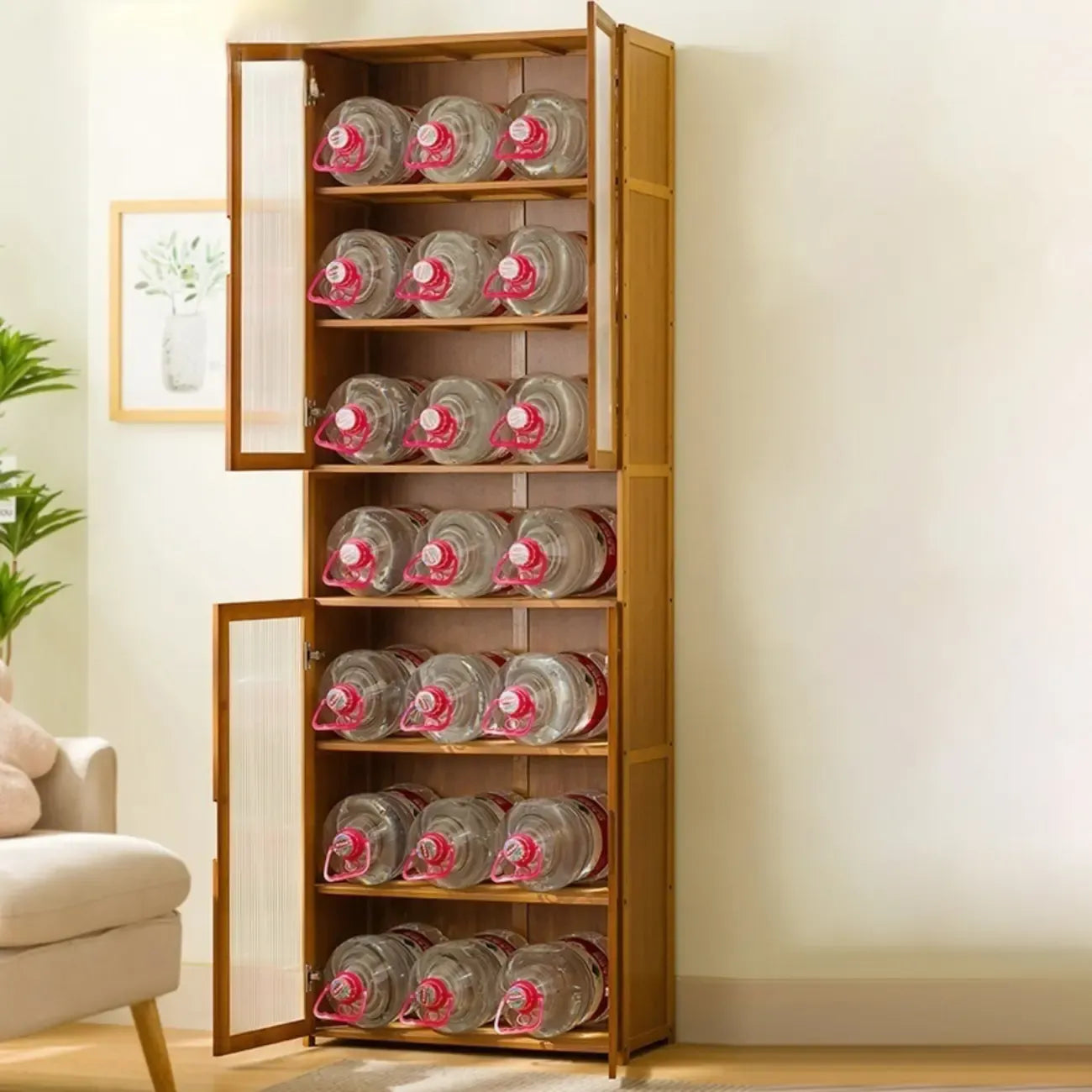 Vitrine vintage en bambou autoportante avec porte vitrée
