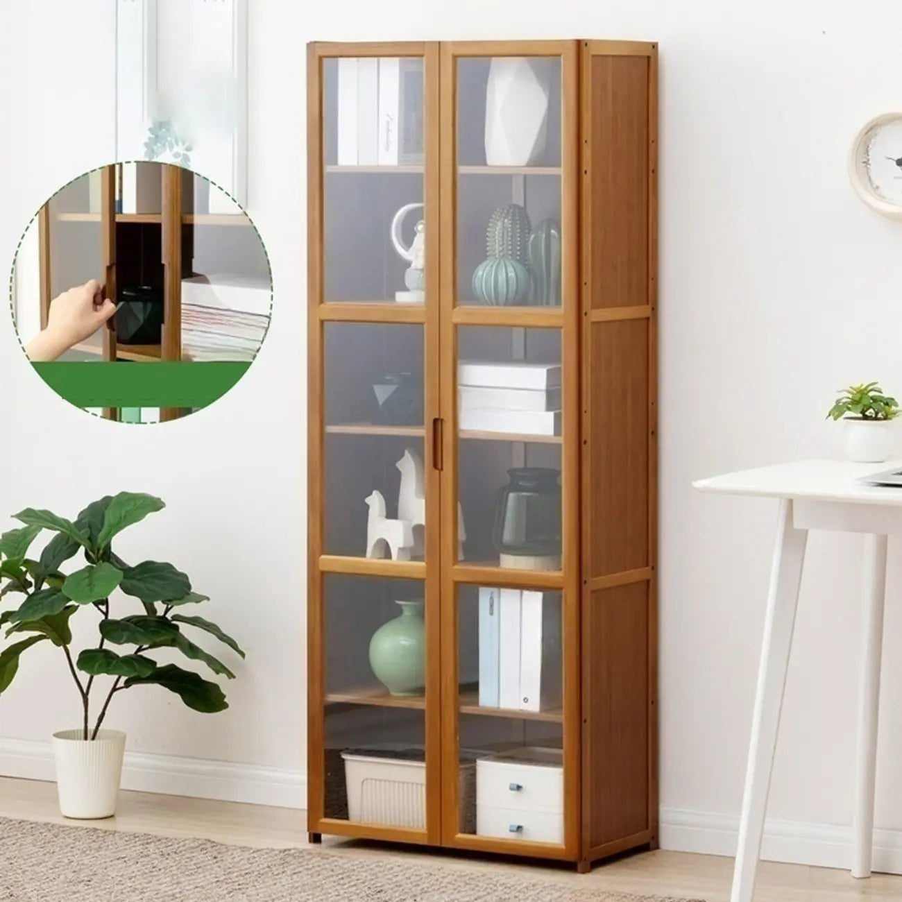 Vitrine vintage en bambou autoportante avec porte vitrée
