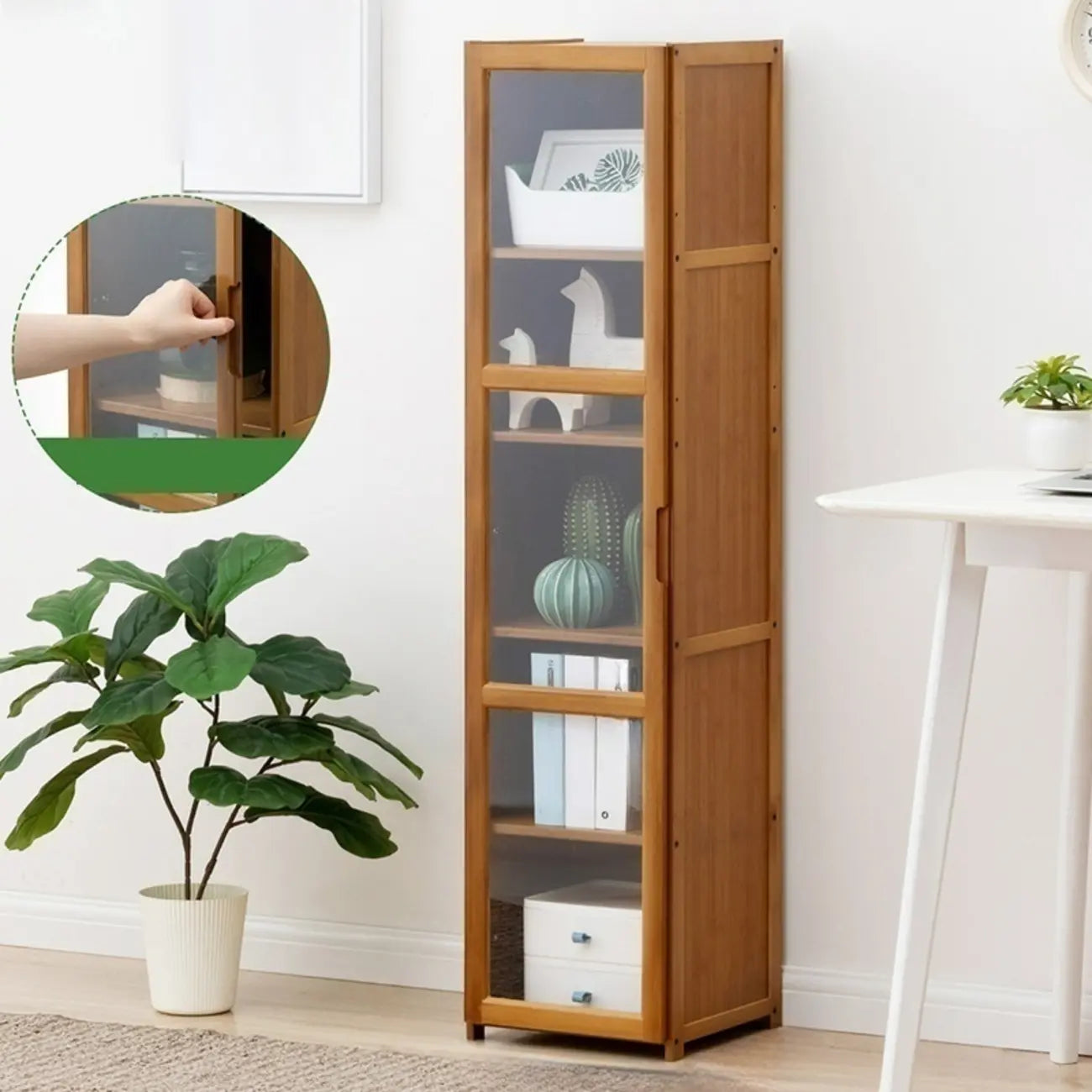 Vitrine vintage en bambou autoportante avec porte vitrée
