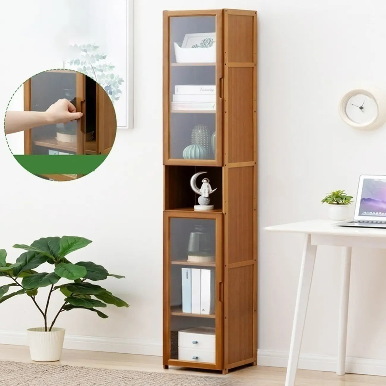 Vitrine vintage en bambou autoportante avec porte vitrée