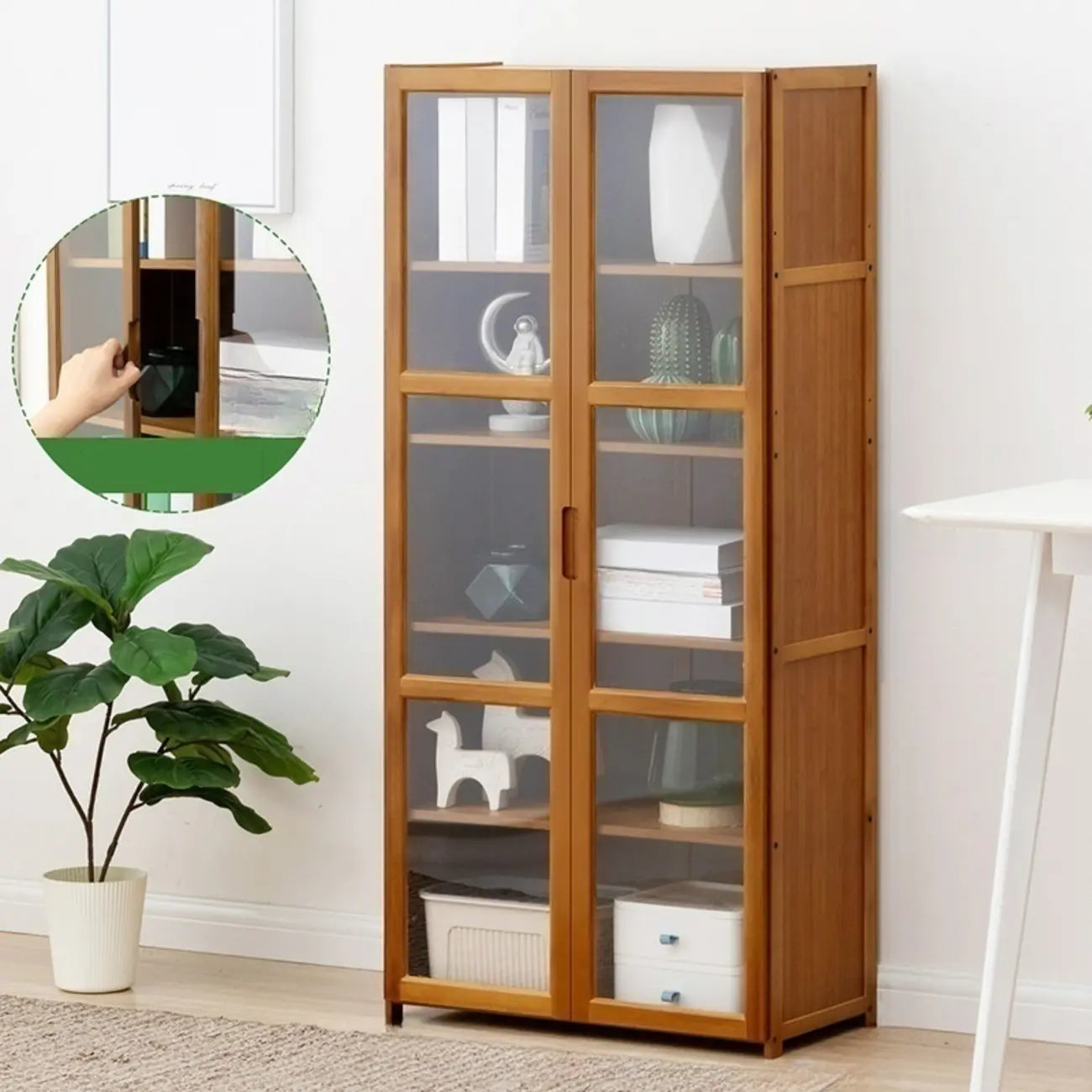 Vitrine vintage en bambou autoportante avec porte vitrée
