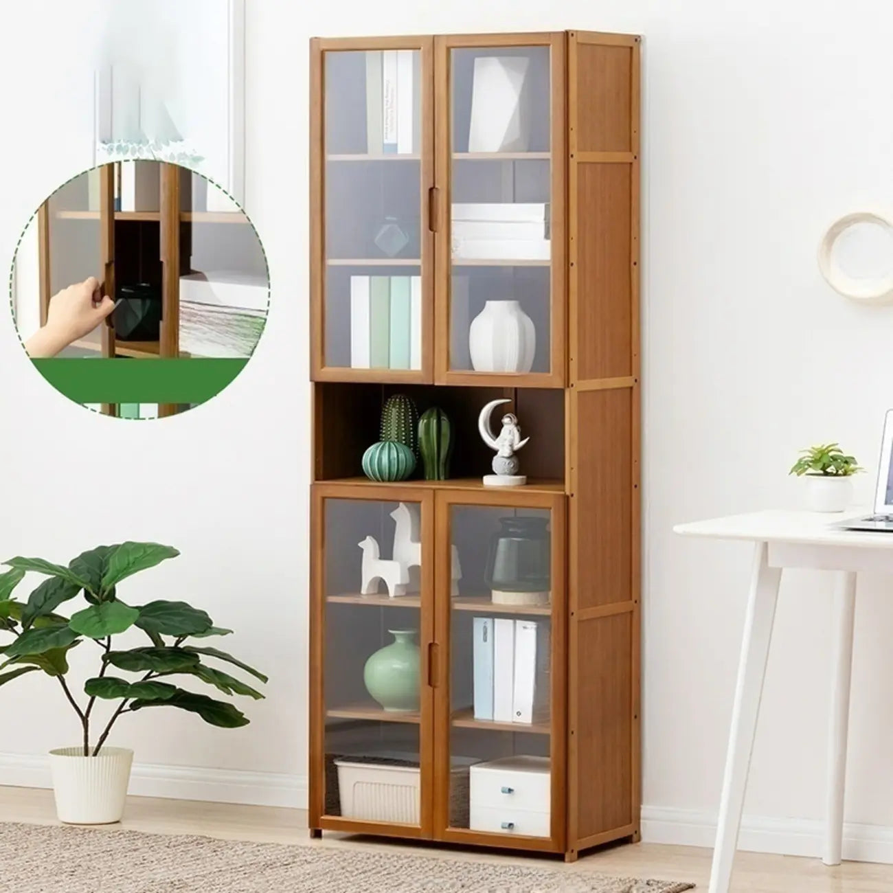 Vitrine vintage en bambou autoportante avec porte vitrée