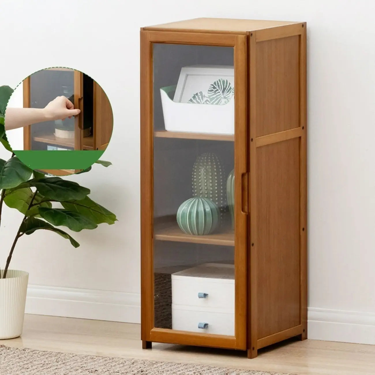 Vitrine vintage en bambou autoportante avec porte vitrée