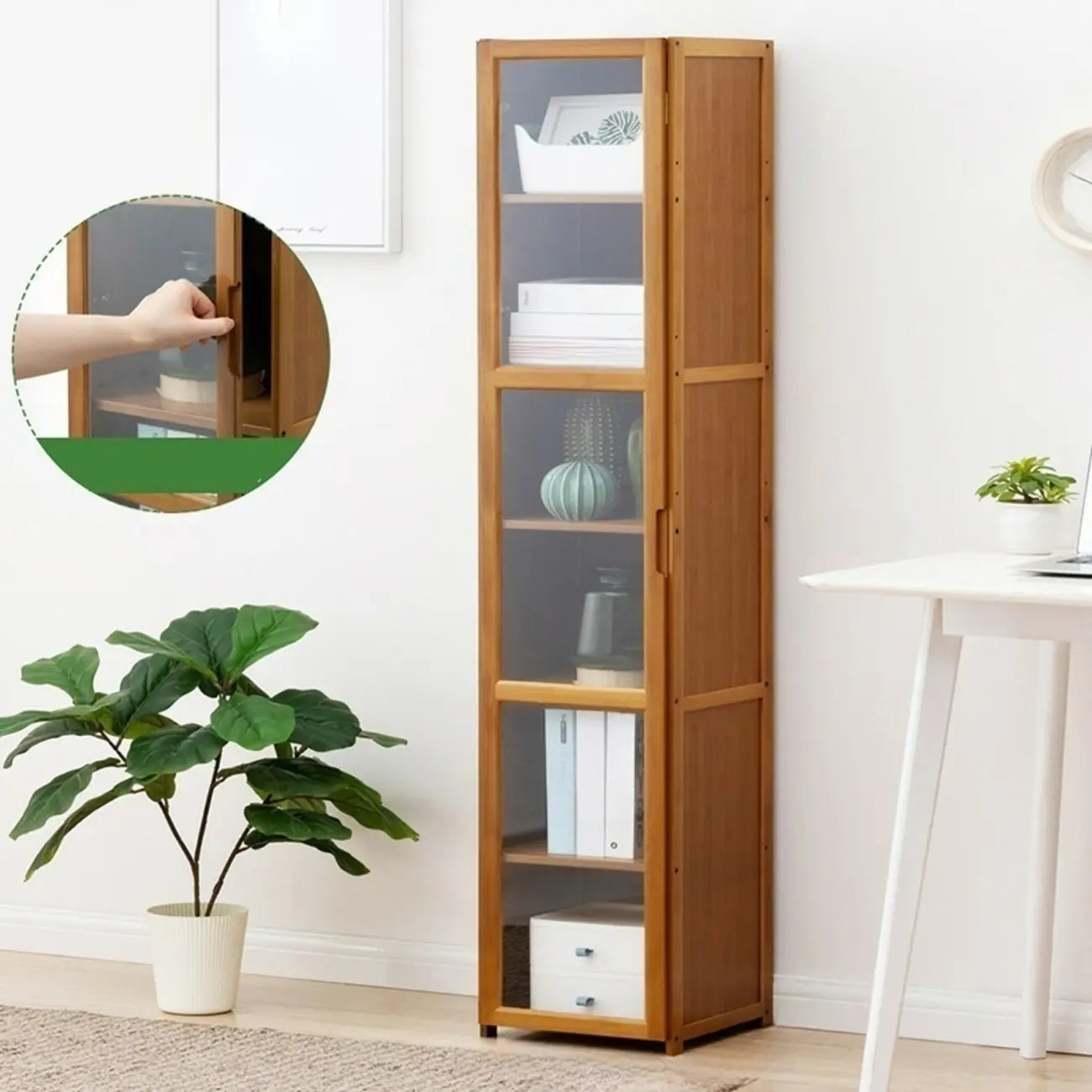Vitrine vintage en bambou autoportante avec porte vitrée