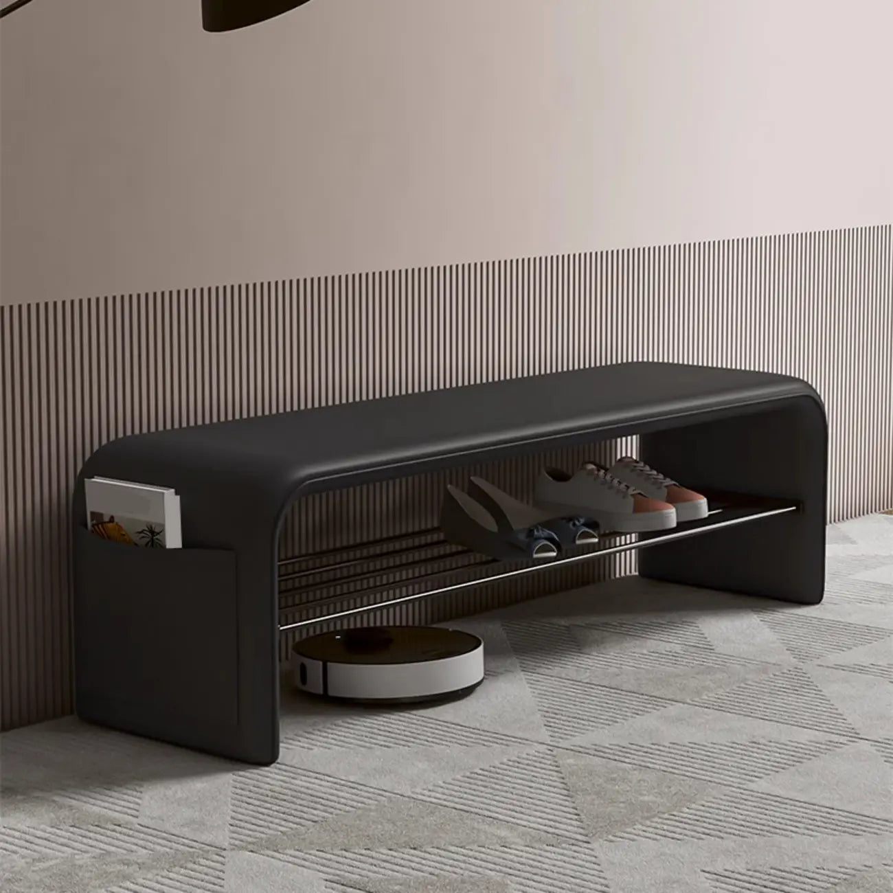 Banc de chambre minimaliste long en cuir rembourré avec rangement