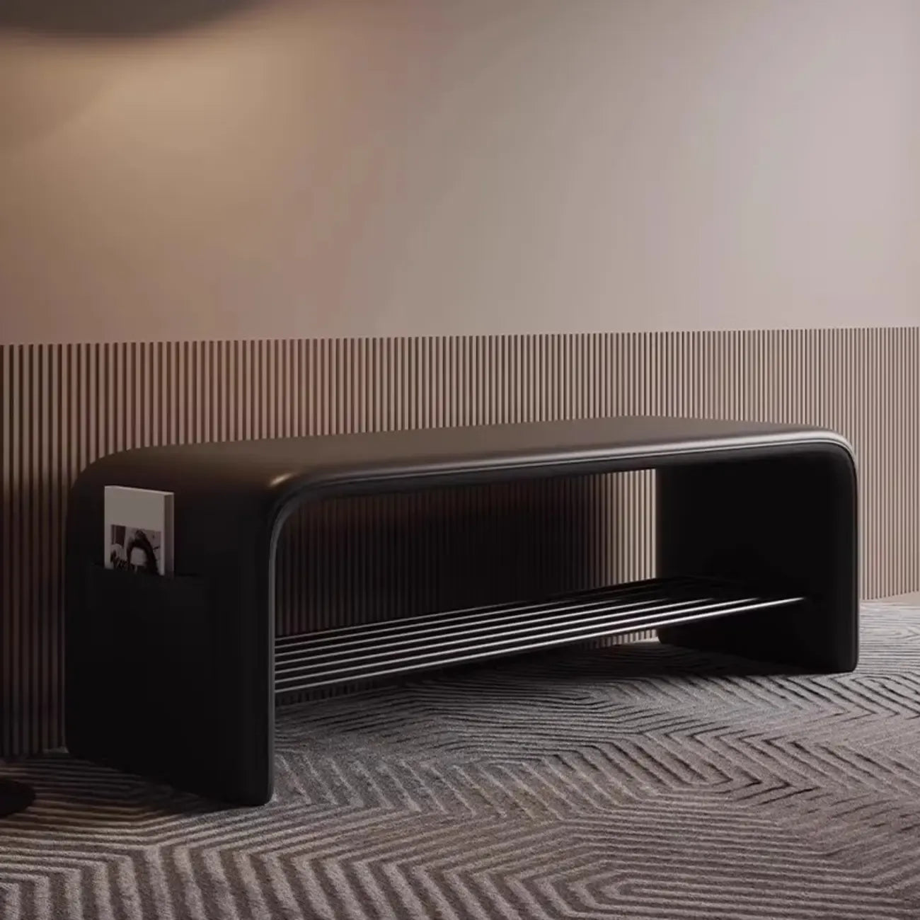 Banc de chambre minimaliste long en cuir rembourré avec rangement