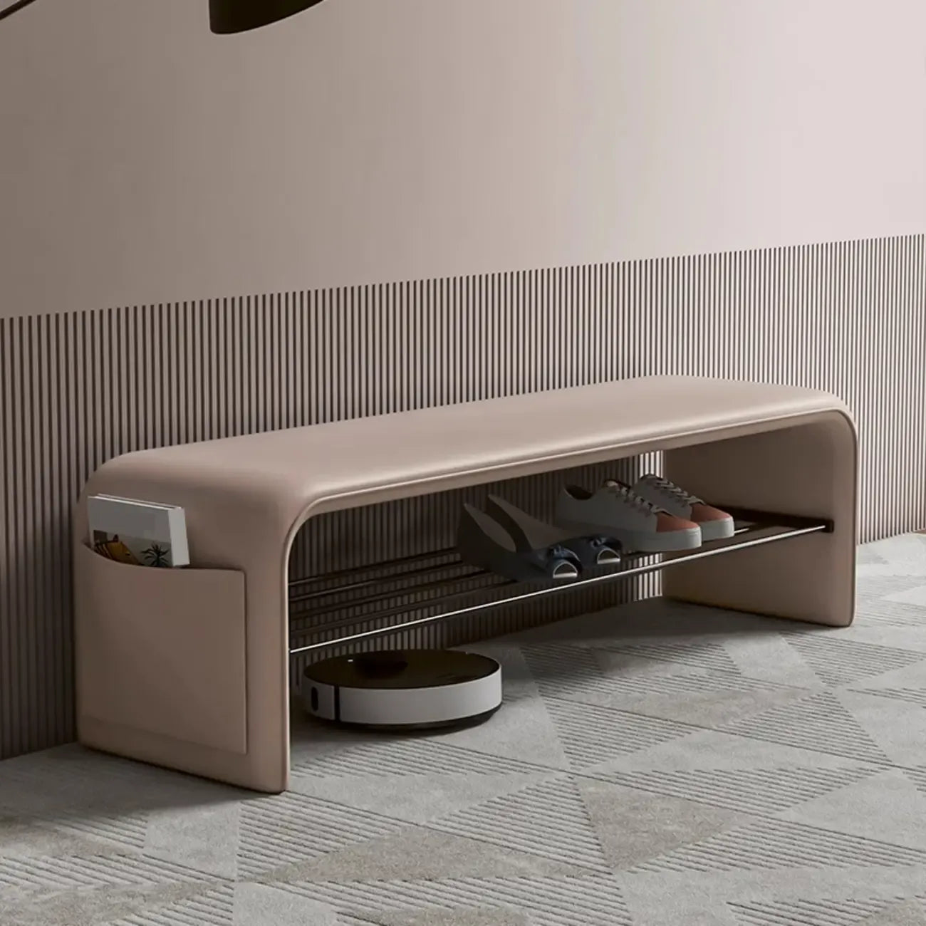 Banc de chambre minimaliste long en cuir rembourré avec rangement
