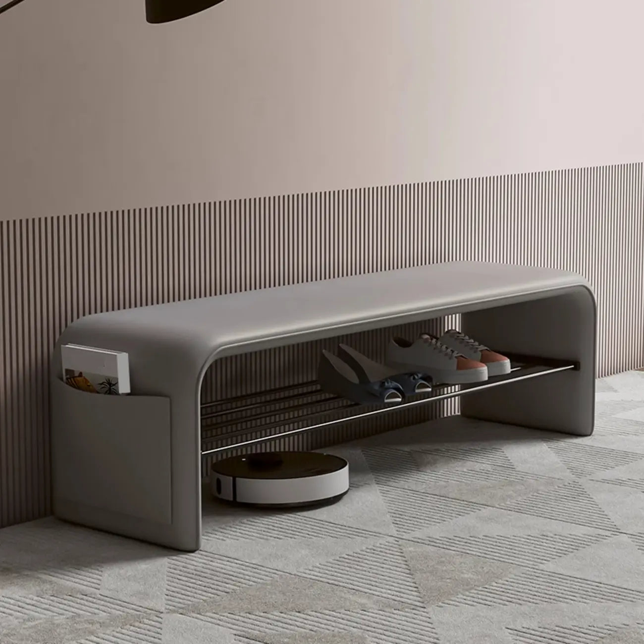 Banc de chambre minimaliste long en cuir rembourré avec rangement