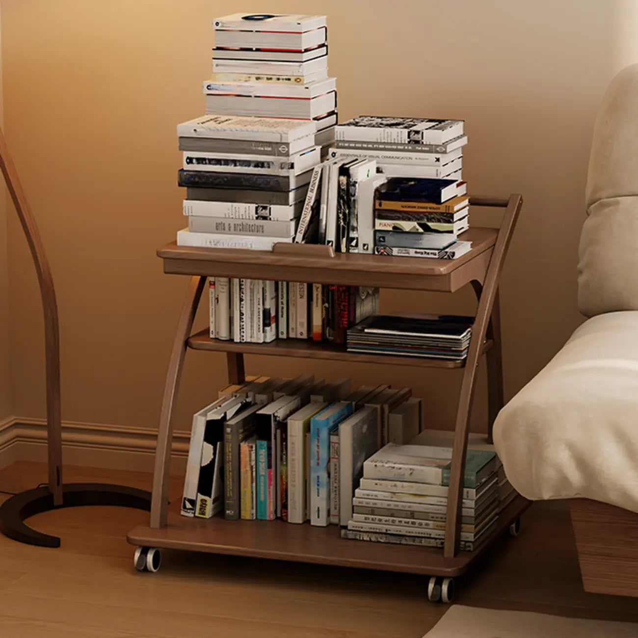 Table d'appoint pliante à 3 niveaux en bois, plateau rabattable, couleur noyer, à roulettes