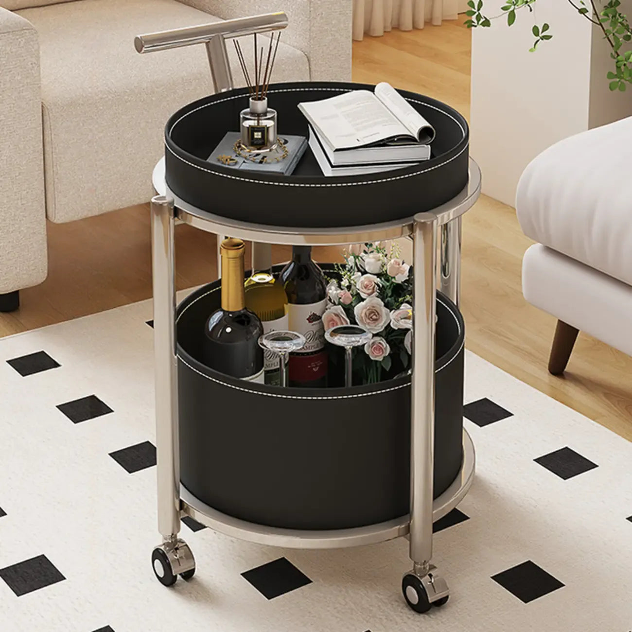 Table d'appoint cylindrique en cuir orange à 2 niveaux, pratique