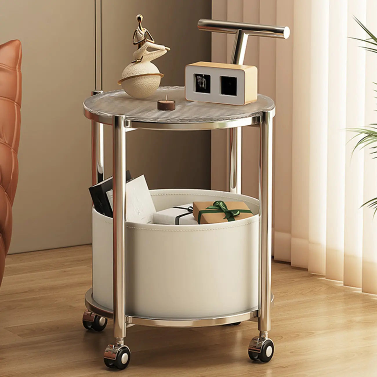 Table d'appoint cylindrique en cuir orange à 2 niveaux, pratique