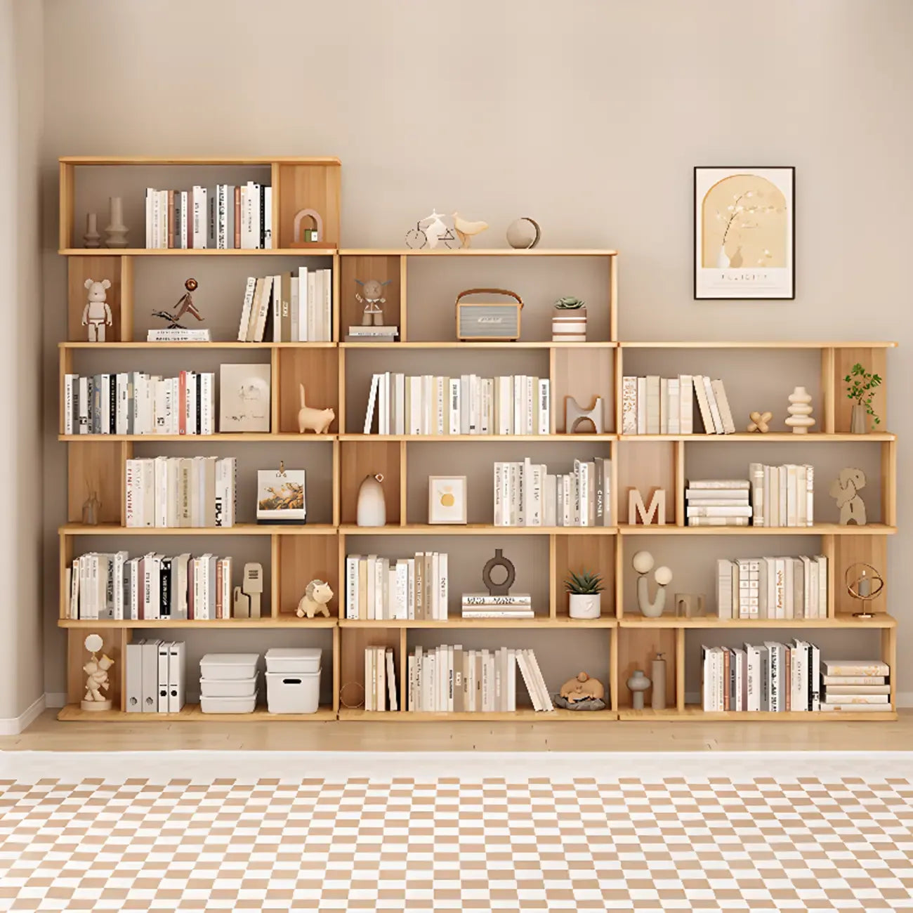 Bibliothèque verticale en noyer massif, style milieu du siècle, à dos ouvert
