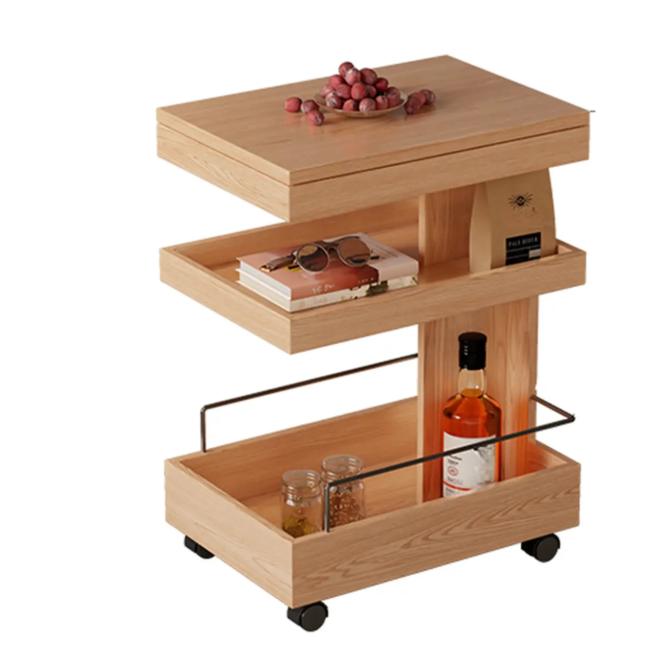 Table d'appoint roulante rectangulaire à 3 niveaux en bois brun
