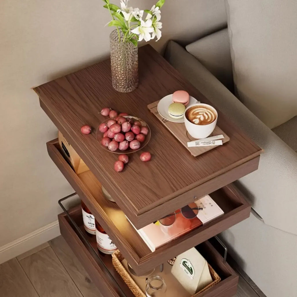 Table d'appoint roulante rectangulaire à 3 niveaux en bois brun