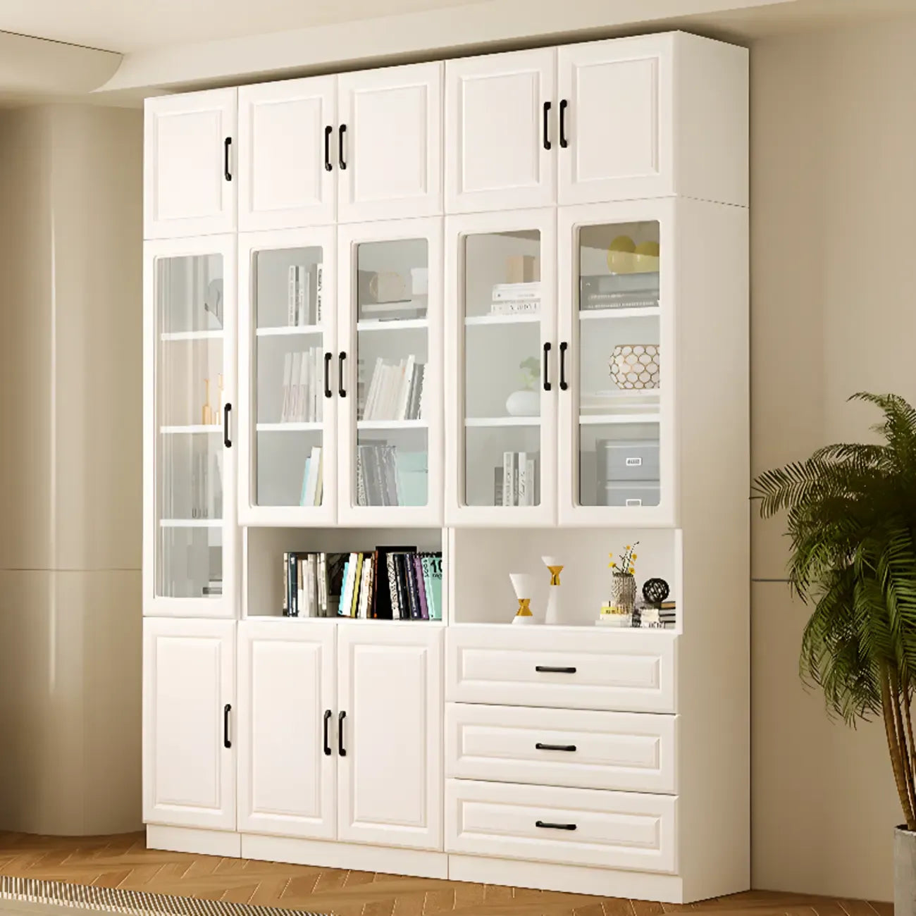 Bibliothèque verticale classique en bois blanc avec armoire