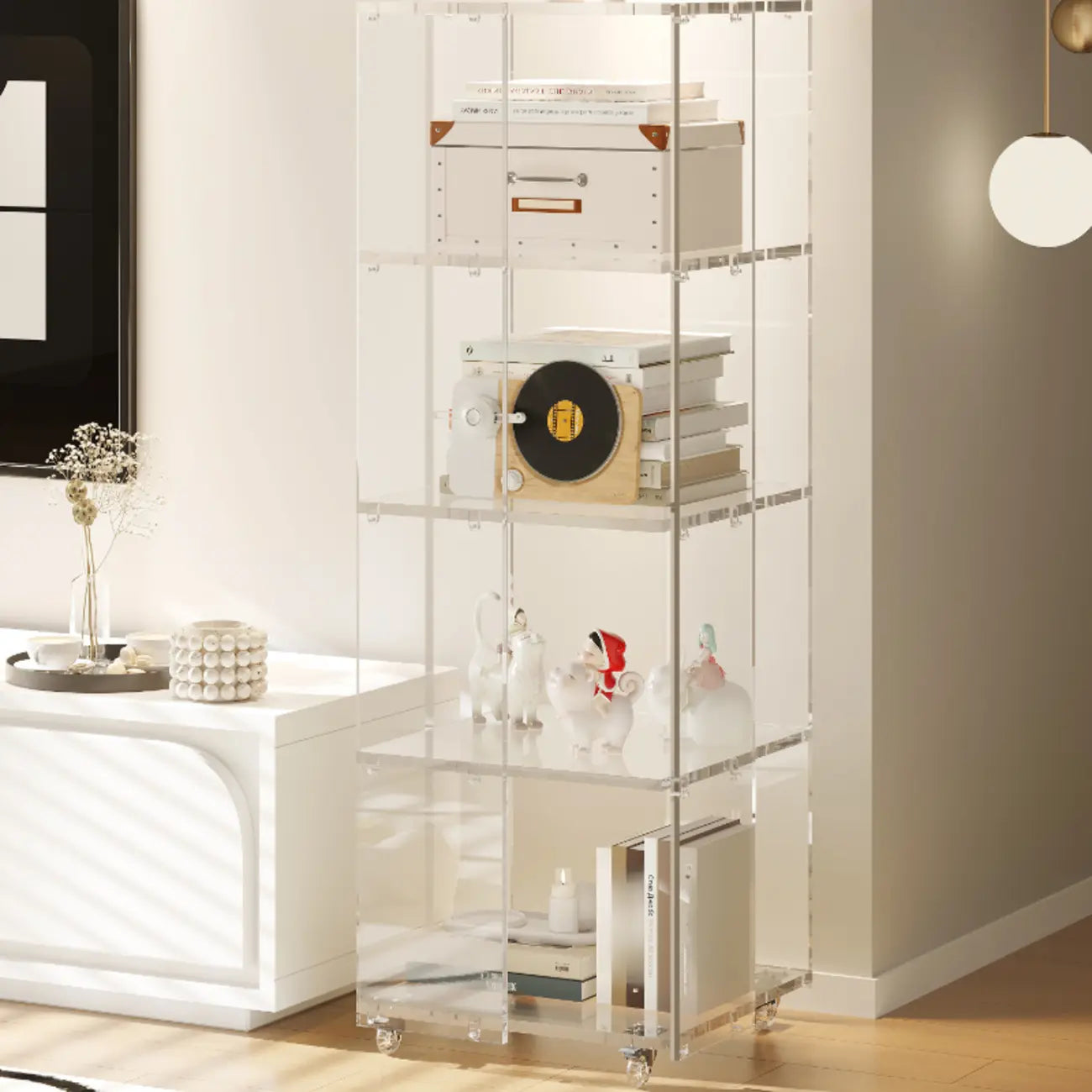 Étagère verticale moderne en Lucite transparente, bibliothèque roulante