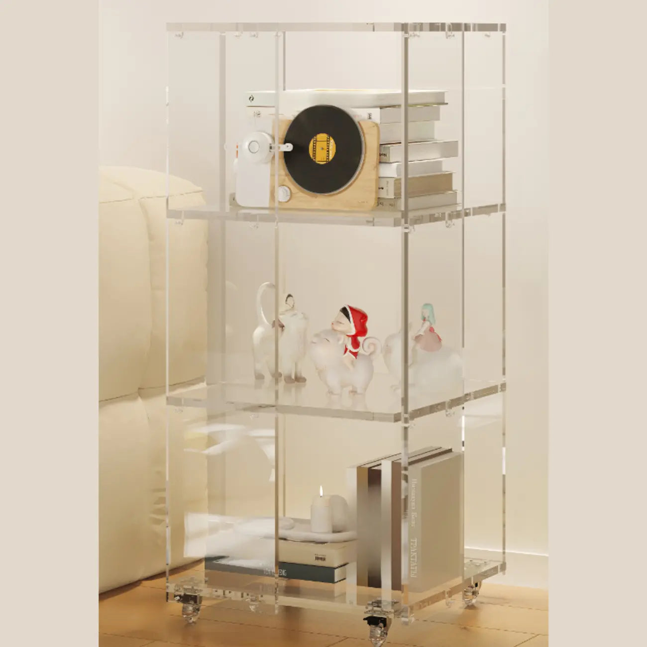 Étagère verticale moderne en Lucite transparente, bibliothèque roulante