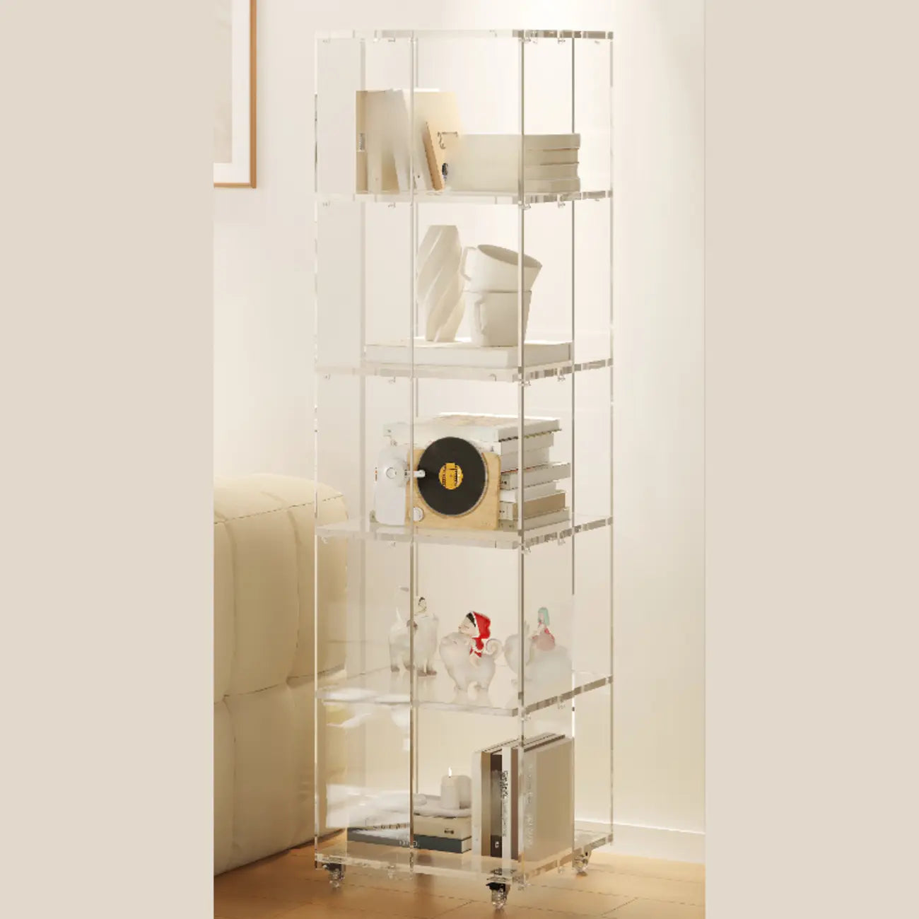 Étagère verticale moderne en Lucite transparente, bibliothèque roulante