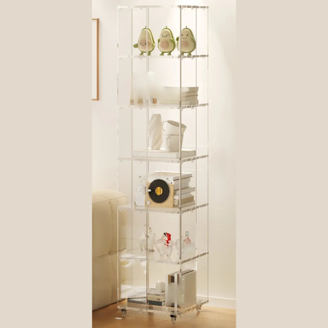 Étagère verticale moderne en Lucite transparente, bibliothèque roulante