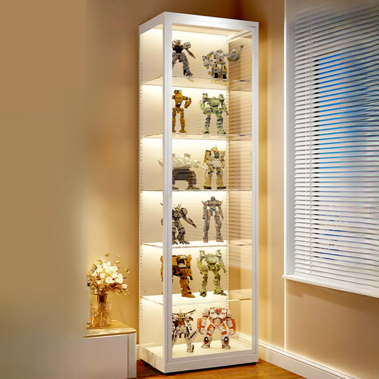 Vitrine moderne autoportante en métal et verre avec éclairage LED