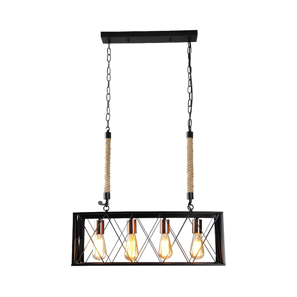 Suspension rectangulaire industrielle à 4 lumières en métal noir