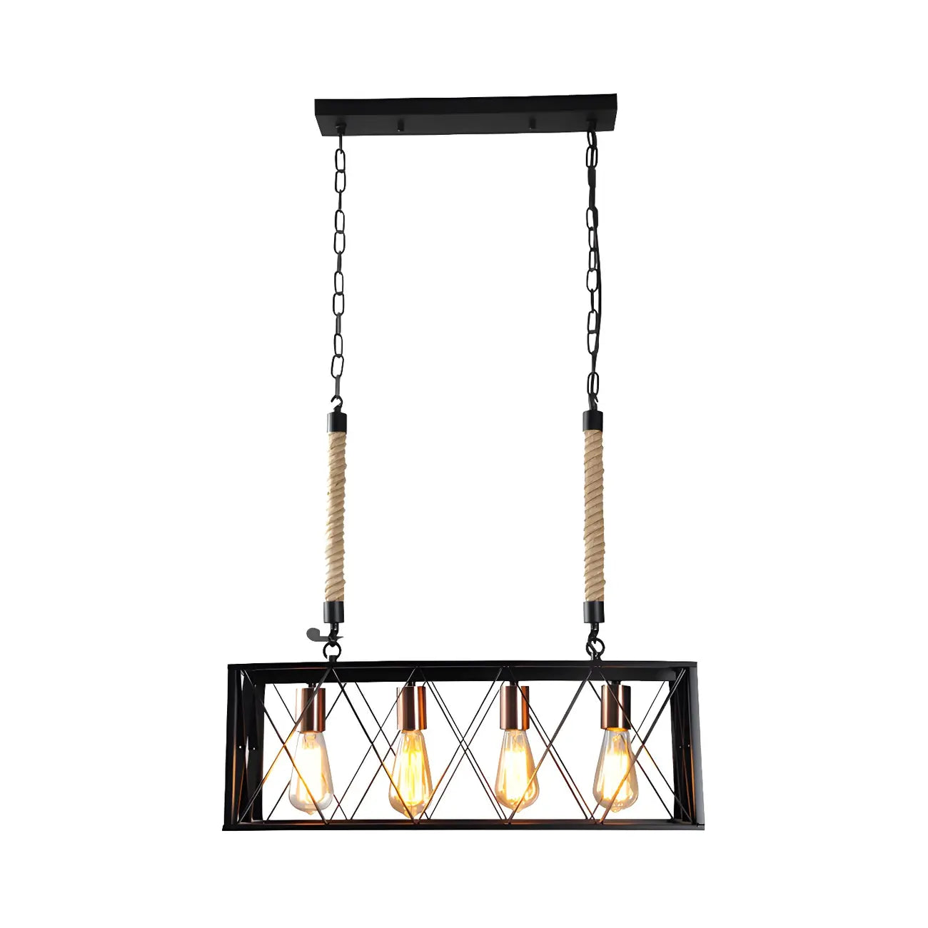 Suspension rectangulaire industrielle à 4 lumières en métal noir