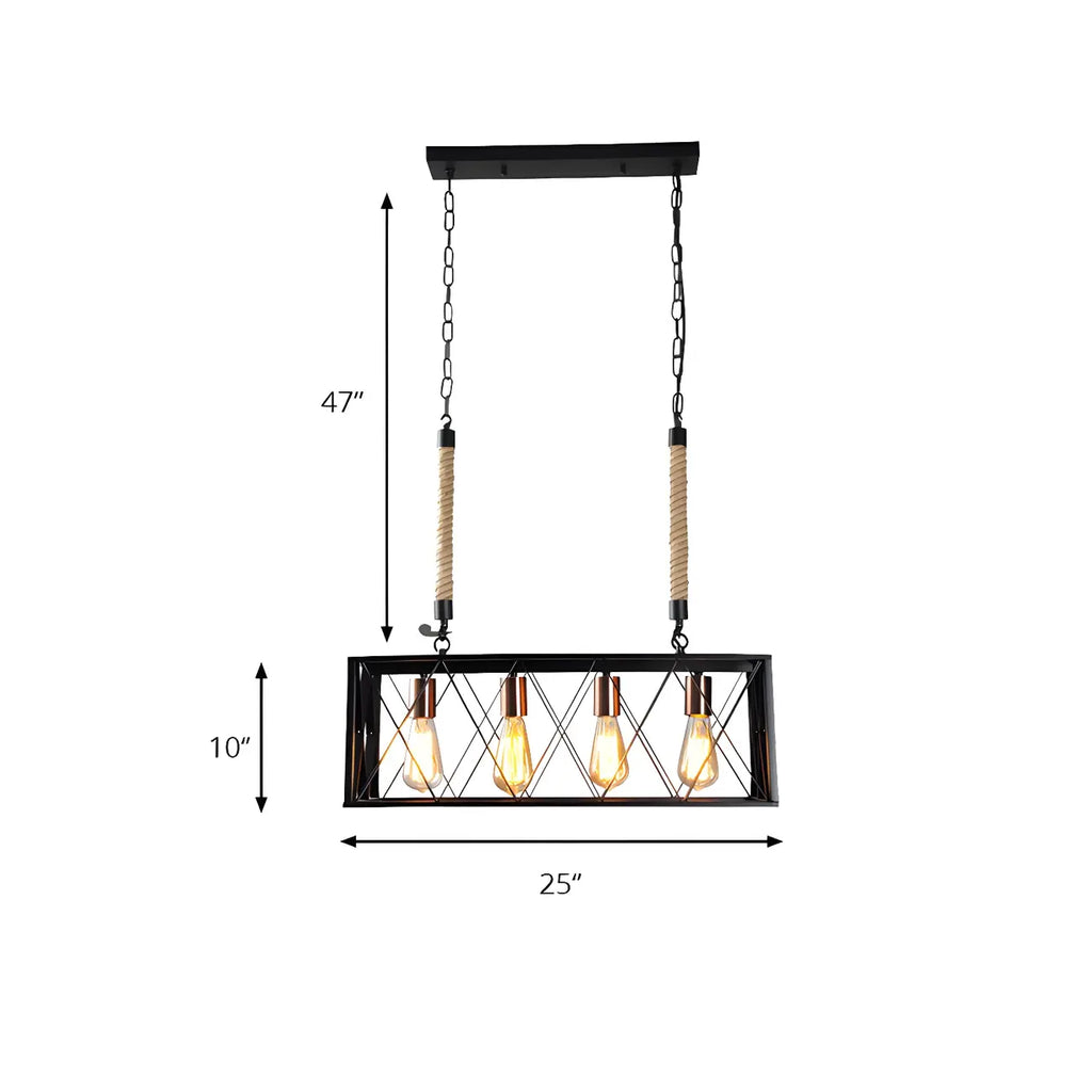 Suspension rectangulaire industrielle à 4 lumières en métal noir