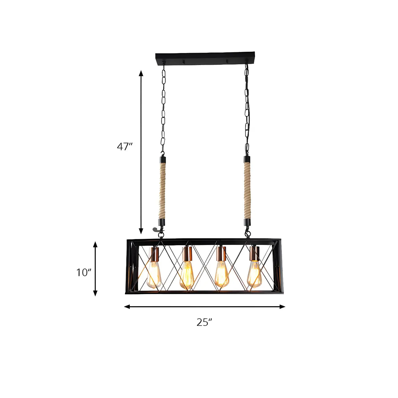 Suspension rectangulaire industrielle à 4 lumières en métal noir