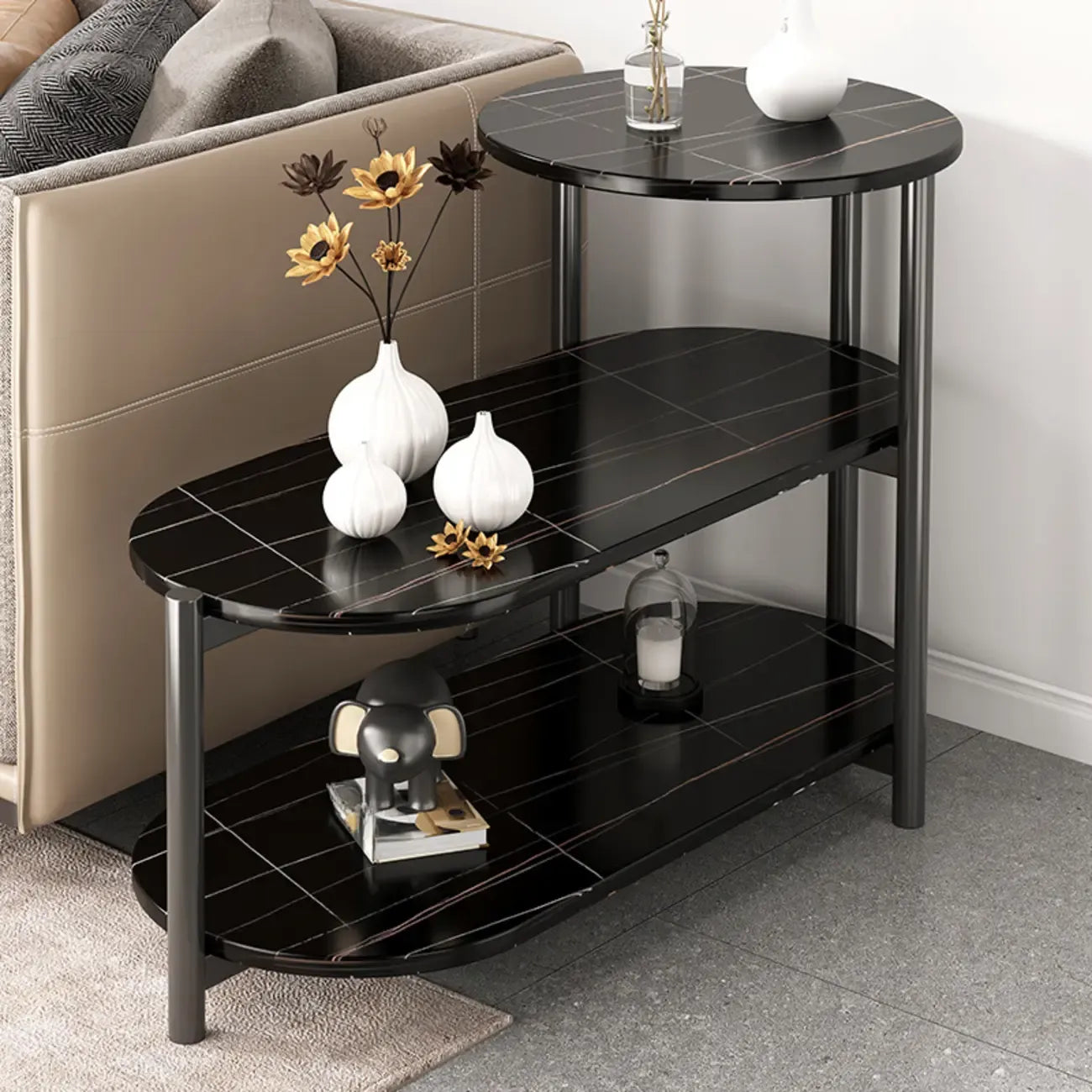 Table d'appoint ovale noire à 3 niveaux en bois avec pieds en métal