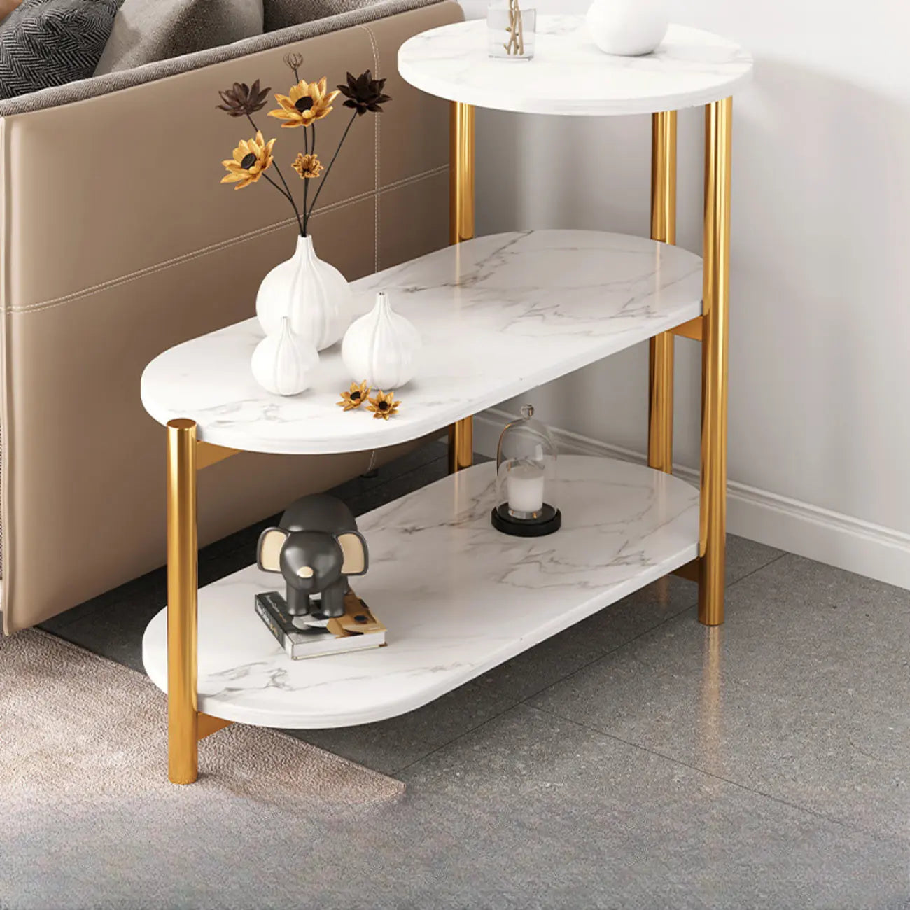 Table d'appoint ovale noire à 3 niveaux en bois avec pieds en métal