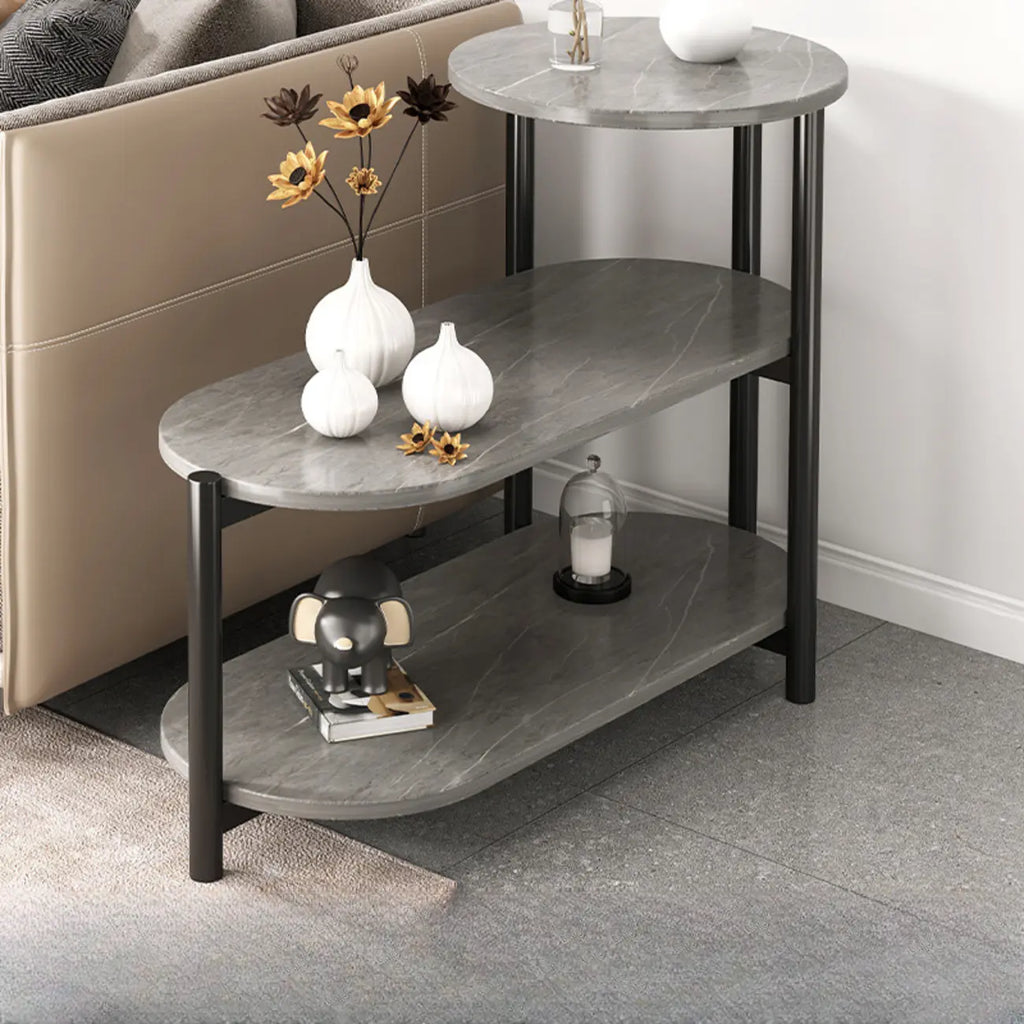 Table d'appoint ovale noire à 3 niveaux en bois avec pieds en métal